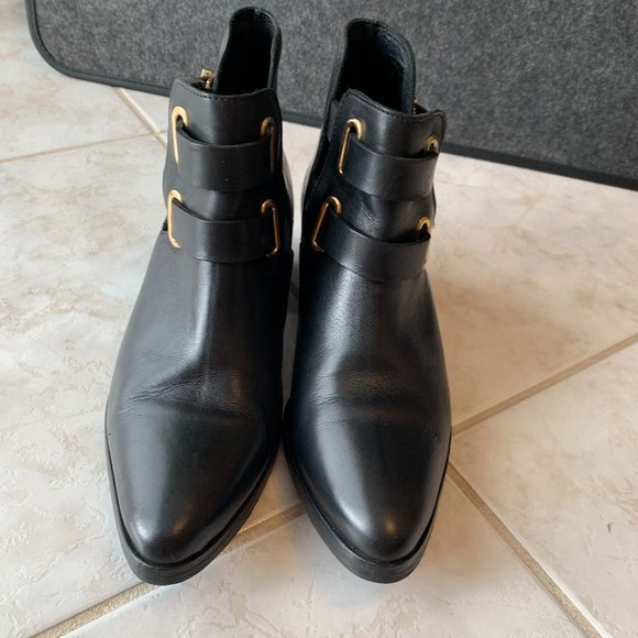 SANDRO DOUBLE BUCKLE ANKLE BOOTS BLACK LEATHER SIZE 37 - Picture 4 of 5